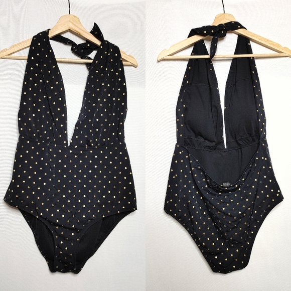 New Look Other - New Look Halter Style One Piece Swimsuit Black Gold Metallic Polka Dot US 14 L